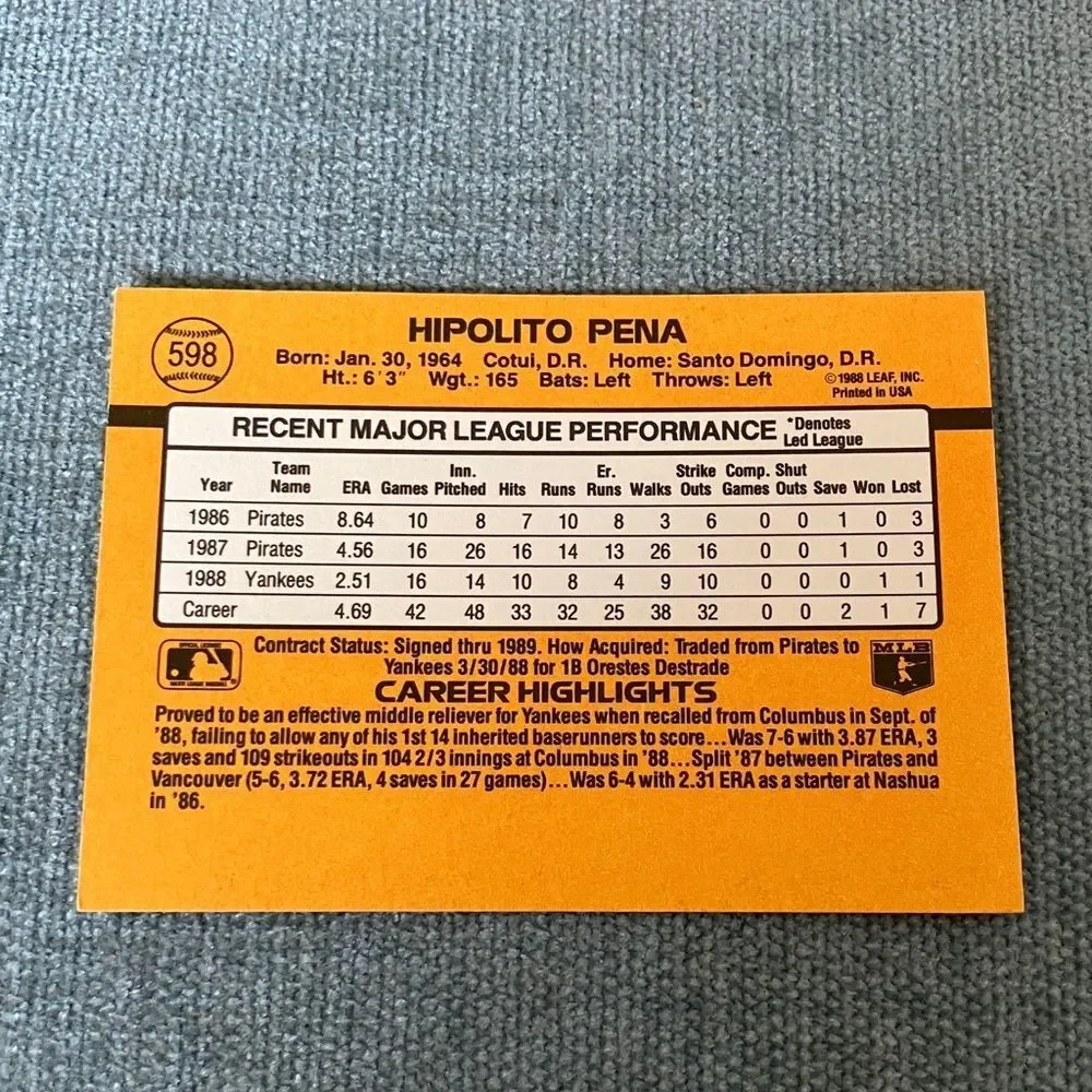 1989 Donruss New York Yankees Baseball Card Trading Card